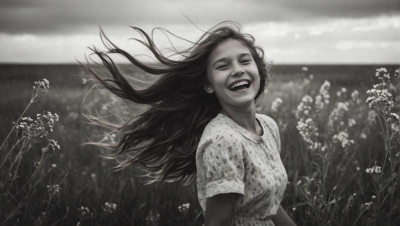 Black and white photograph of a girl in wildflowers