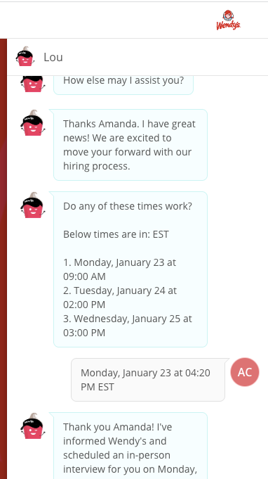 Interview scheduling options on the Wendy's portal