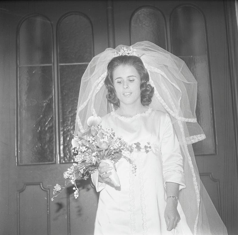 Bride in 1968 wedding dress