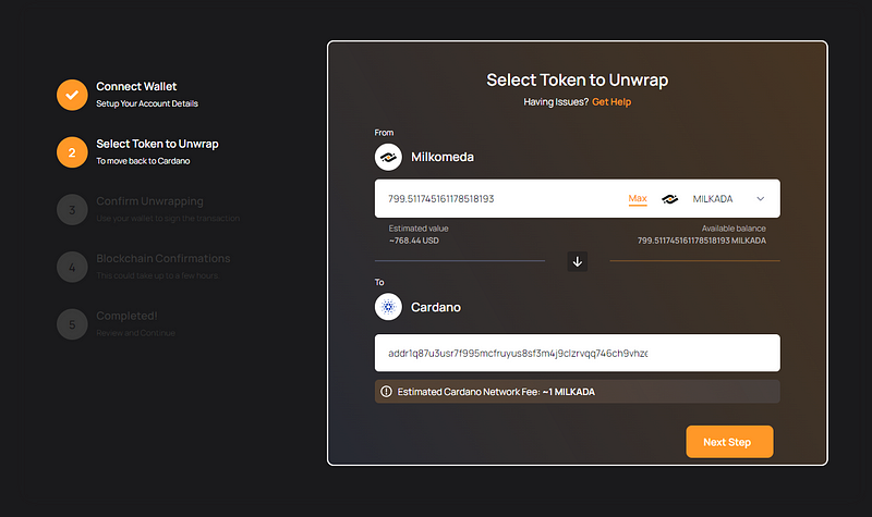 Selecting the token to unwrap on Milkomeda