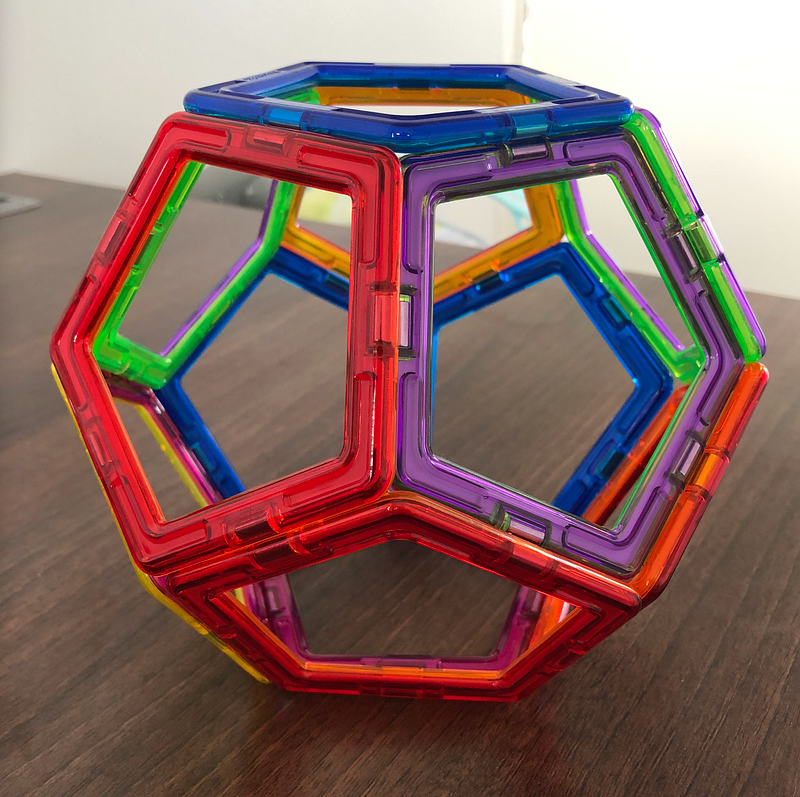 Dodecahedron showcasing its twelve pentagonal faces.