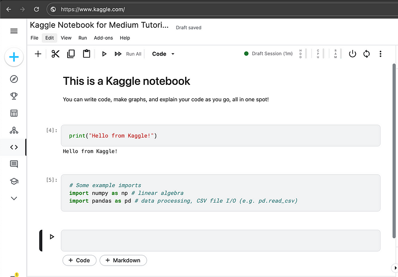 User interface of Kaggle notebook