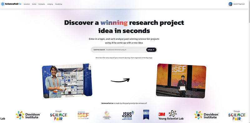 Screenshot of sciencefair.io landing page