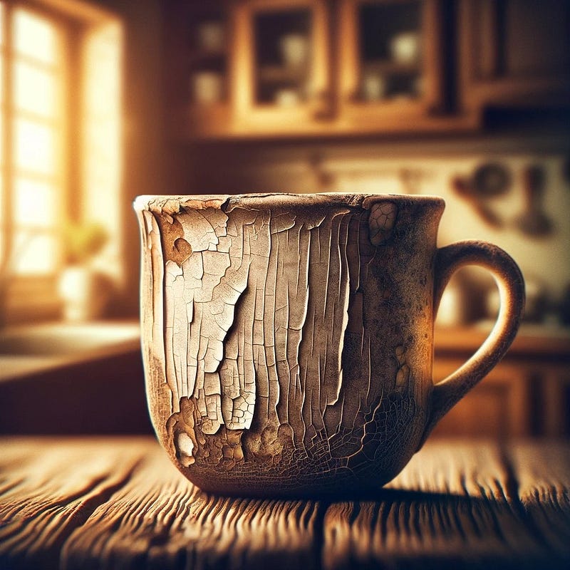 A weathered coffee mug showcasing the beauty of imperfection.