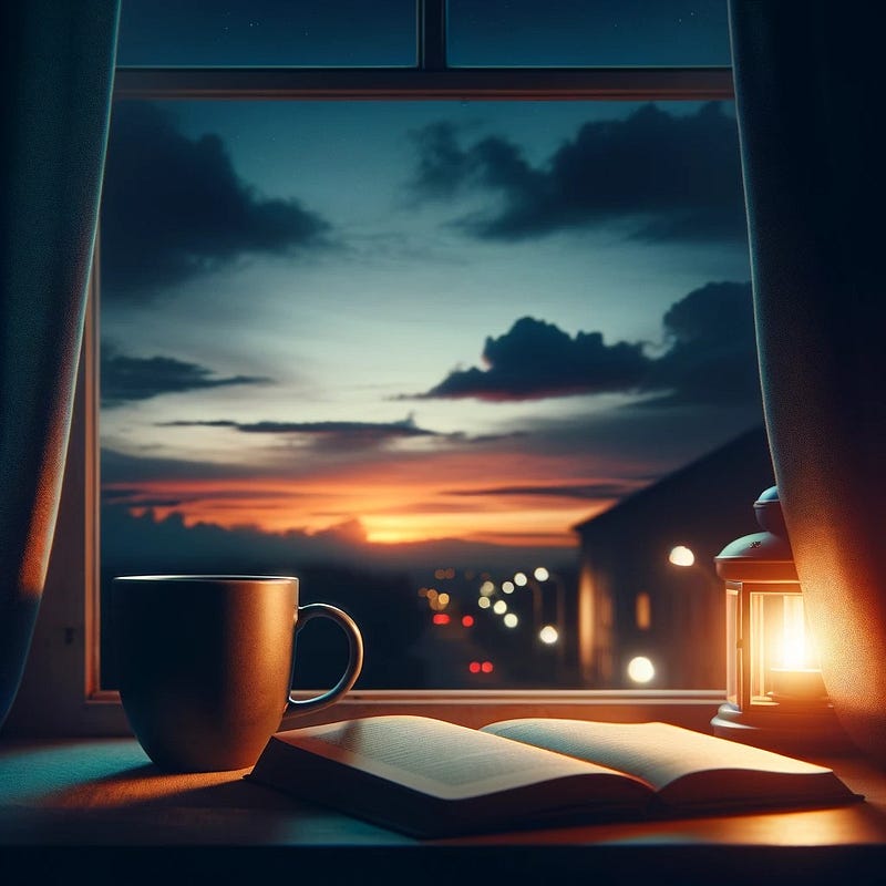 A coffee mug resting on a windowsill at dusk, inviting reflection.