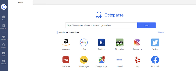 Octoparse URL entry screenshot