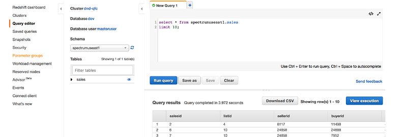 User interface of AWS Redshift