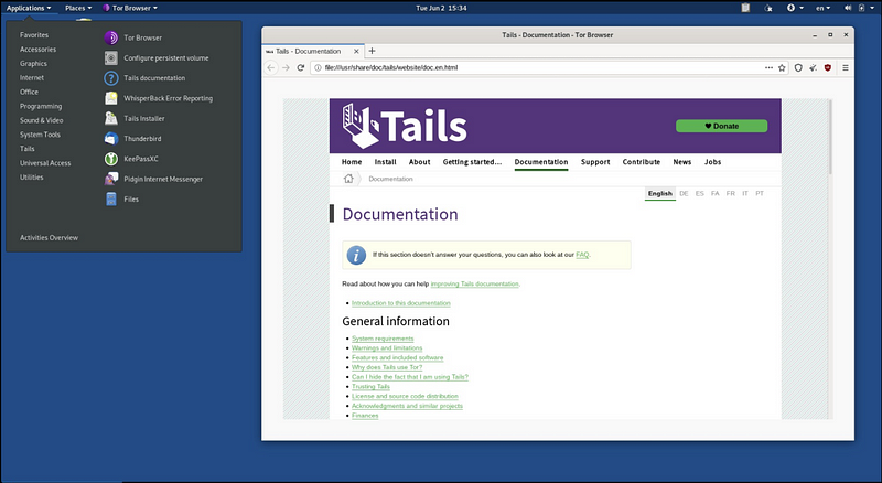 Tails OS interface