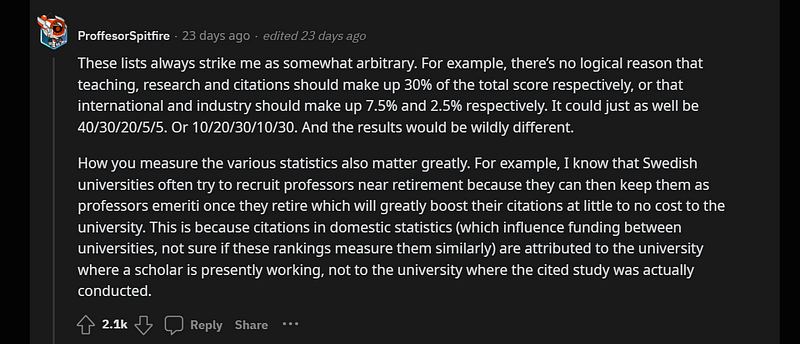 Screenshot of a Reddit comment on THE Rankings