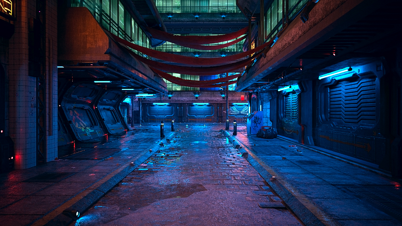 Conceptual image of a neon-lit cyberpunk city at night