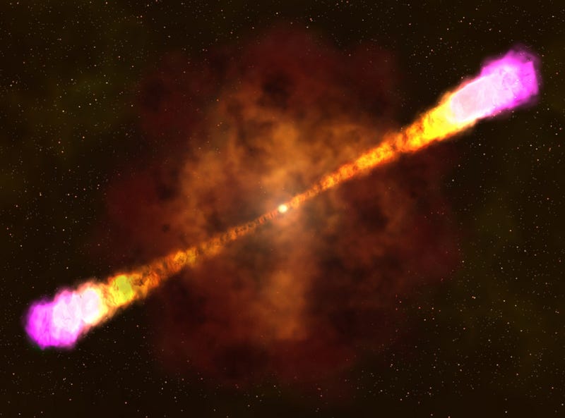 Illustration of a massive star collapsing to form a black hole, ejecting jets.