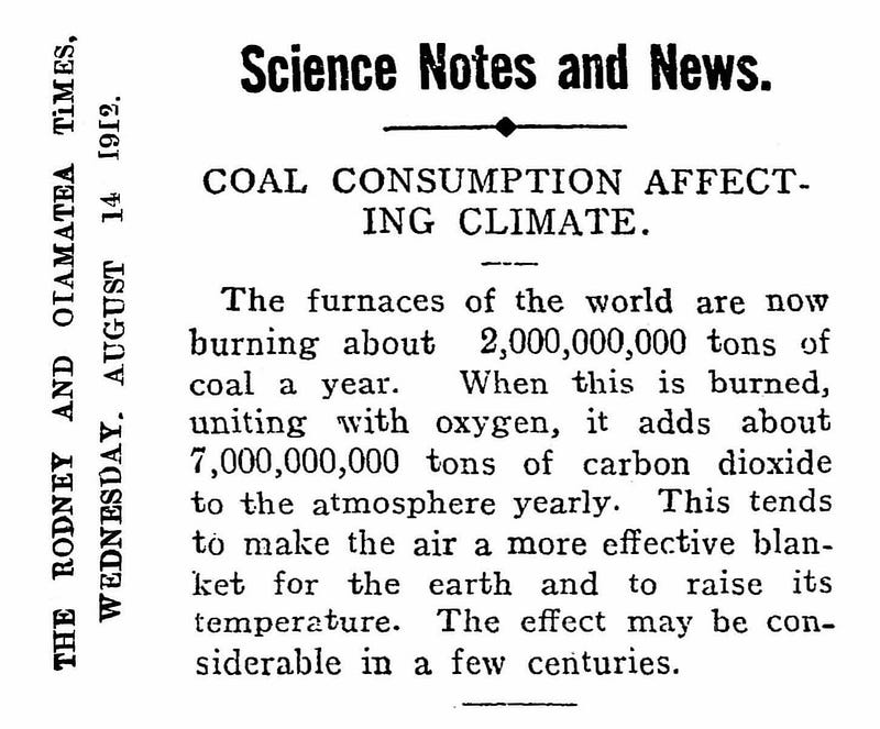 Historical newspaper article on coal emissions and warming